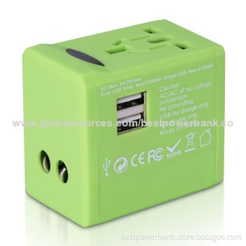 Colorful 2-USB Port International Universal Travel Adapters for Mobile Phone/Tablet, CE/RoHS/FCC/SGS